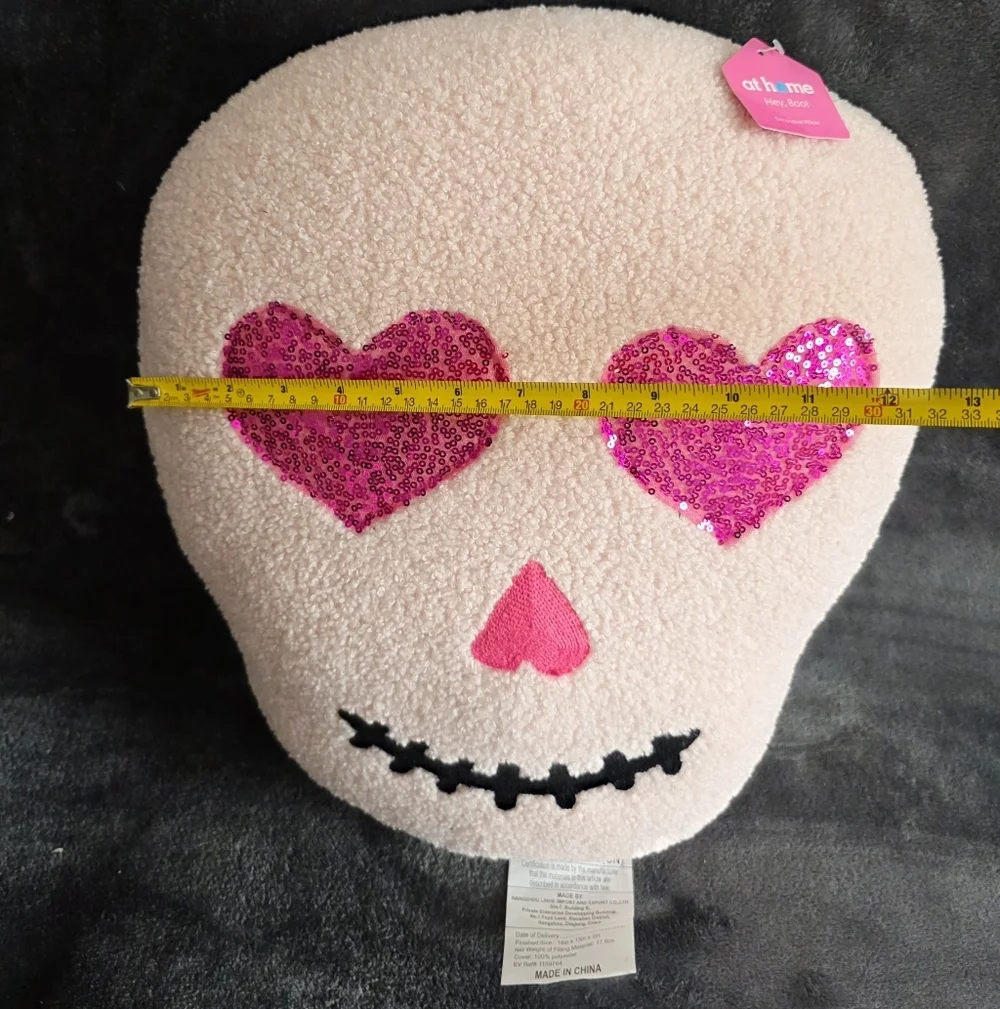 Hey Boo! Pink heart eyes Valentine's Halloween Skull Shaped Throw Pillow, 18x16